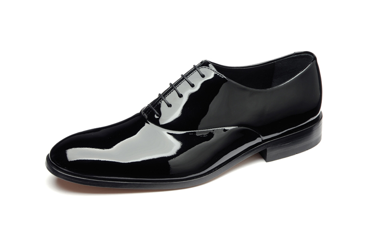 These good quality black patent leather shoes are made by Loake